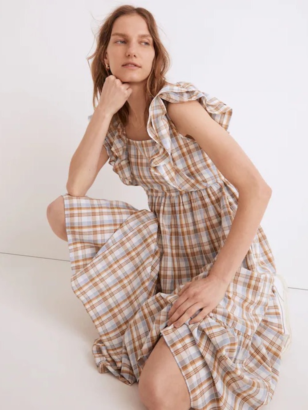 Madewell Plaid Ruffle Midi Dress in Beige and White